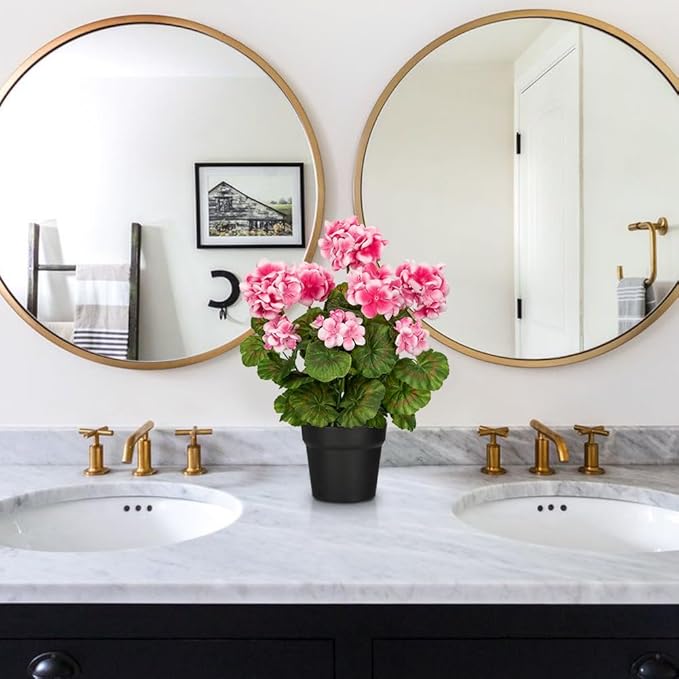 Briful Artificial Geranium Potted Plant – 16” Tall, Realistic Silk Flowers with Vibrant Green Leaves, Pink White Geraniums Fake Flowers for Outdoors Home Décor, Wedding Farmhouse Office Tables Decor