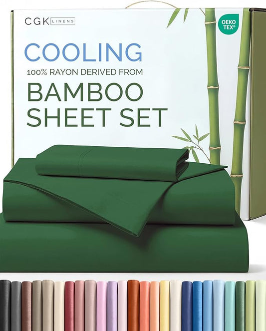 100% Rayon Derived From Bamboo - Sheets Twin Size - Cooling Sheets for Twin - Soft, Breathable & Hotel Luxury Bedding - 1 Flat & 1 Fitted & 1 Pillowcase w/ 16 Inch Deep Pockets - Emerald Green