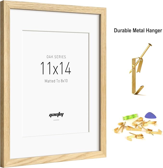 Yaetm 11x14 Oak Wood Picture Frame with Mat for 8x10, Natural Solid Wood 11x14 Frame with Tempered Glass for Wall Gallery & Home (Single, Oak)