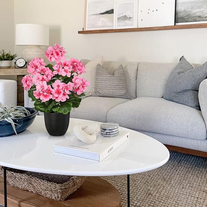 Briful 17” Geraniums Artificial Flowers Realistic Potted Plant – Pink Fake Geraniums for Outdoors, Silk Flowers Artificial Outdoor Plants for Indoor Home Decor, Farmhouse Table Centerpiece Decoration