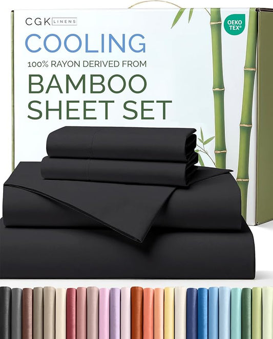 100% Rayon Derived From Bamboo - Sheets Full Size - Cooling Sheets for Full - Ultra Soft, Breathable & Hotel Luxury Bedding - 1 Flat & 1 Fitted & 2 Pillowcases w/ 16 Inch Deep Pockets - Black