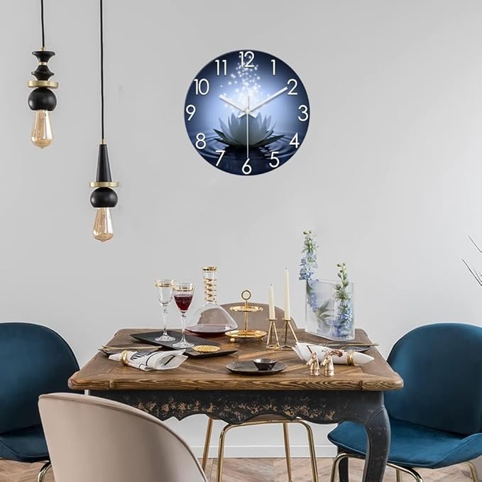 XFM White Lotus Wall Clock 14 Inch Blue Silent Non Ticking Battery Operated Clock Zen Flowers Decorative Round Clock for Living Room Bedroom Bathroom Office Decor