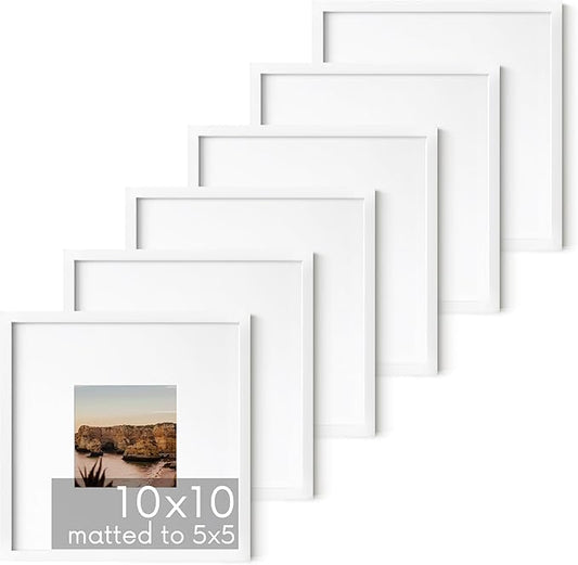 HAUS AND HUES 10x10 White Aluminum Frame Set of 6 - Matted to 5x5, Hanging Hardware, Shatterproof Plexiglass (10x10 in, White)