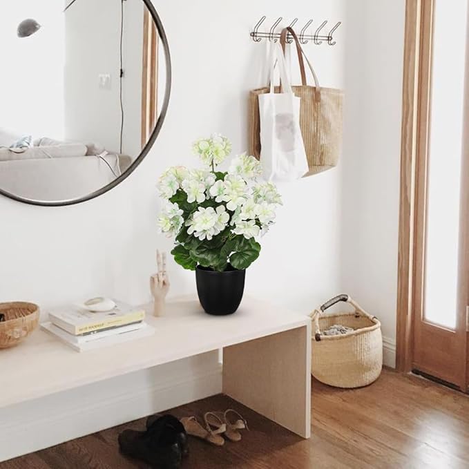 Briful 17” Geraniums Artificial Flowers Realistic Potted Plant – White Fake Geraniums for Outdoors, Silk Flowers Artificial Outdoor Plants for Indoor Home Decor, Farmhouse Table Centerpiece Decoration