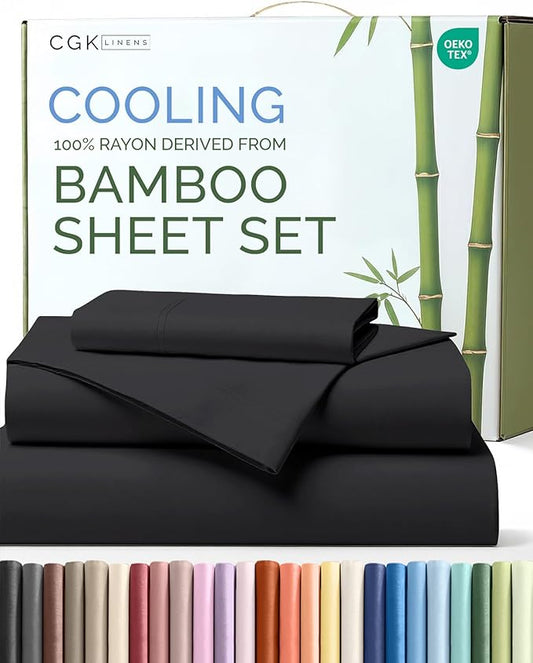 100% Rayon Derived From Bamboo - Sheets Twin Size - Cooling Sheets for Twin - Ultra Soft, Breathable & Hotel Luxury Bedding - 1 Flat & 1 Fitted & 1 Pillowcase w/ 16 Inch Deep Pockets - Black