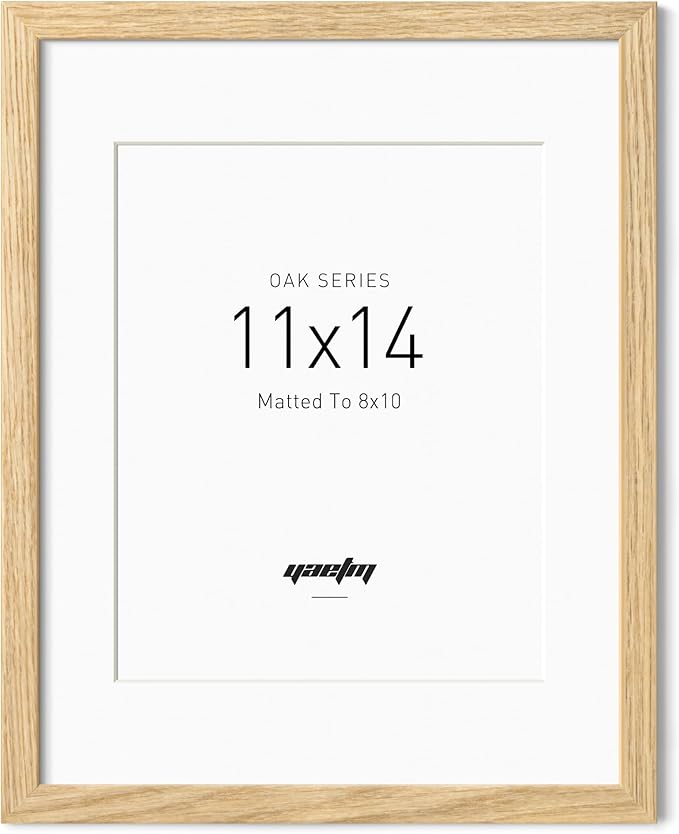 Yaetm 11x14 Oak Wood Picture Frame with Mat for 8x10, Natural Solid Wood 11x14 Frame with Tempered Glass for Wall Gallery & Home (Single, Oak)
