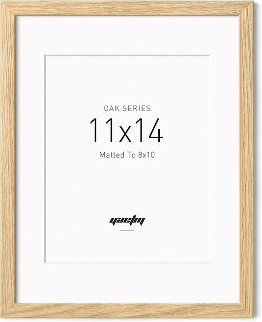 Yaetm 11x14 Oak Wood Picture Frame with Mat for 8x10, Natural Solid Wood 11x14 Frame with Tempered Glass for Wall Gallery & Home (Single, Oak)