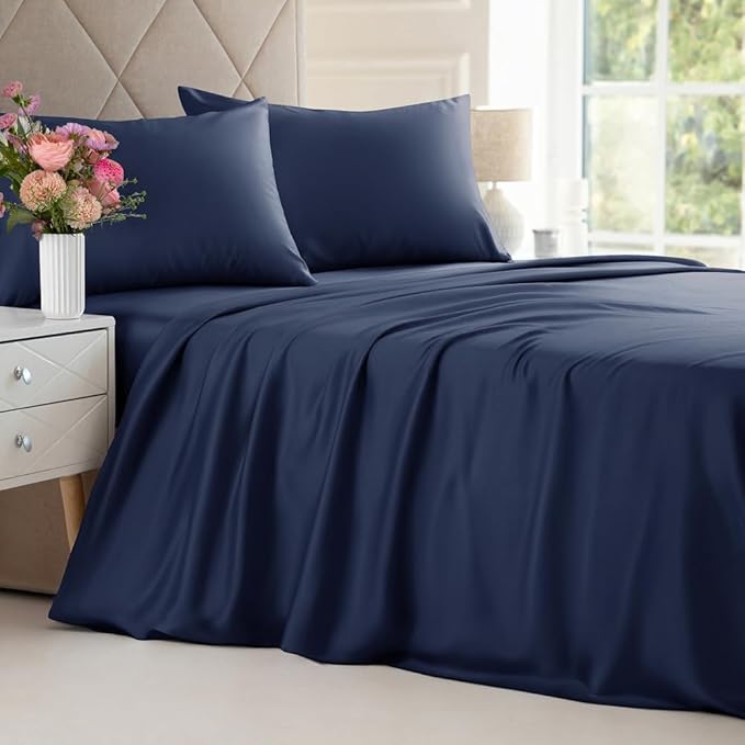100% Rayon Derived From Bamboo - Bamboo Sheets Cal King Size - Cooling Sheets for Cal King - Ultra Soft Hotel Luxury Bedding - 1 Flat & 1 Fitted & 2 Pillowcases with 16 Inch Deep Pockets - Navy Blue
