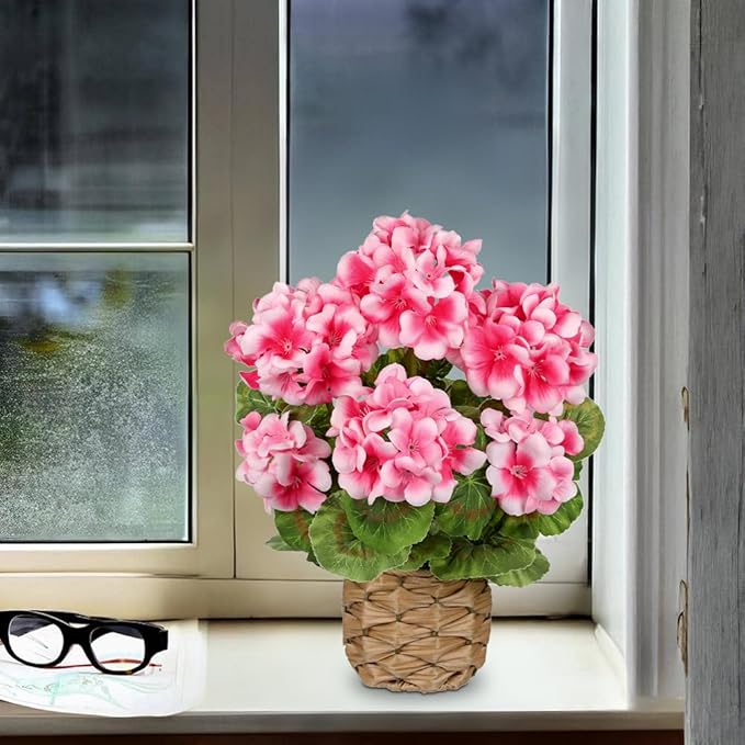 Briful Artificial Geraniums Flowers Potted Plant - 13.7'' Tall Faux Pink Silk Realistic Lush Geraniums Flowers in Basket, Indoor&Outdoor Decorative Plant, Farmhouse Home Porch Office Patio Table
