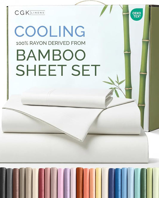 100% Rayon Derived From Bamboo - Bamboo Sheets Twin XL Size - Cooling Sheets for Twin XL - Soft, Breathable & Hotel Luxury Bedding - 1 Flat & 1 Fitted & 1 Pillowcase w/ 16 Inch Deep Pockets - White