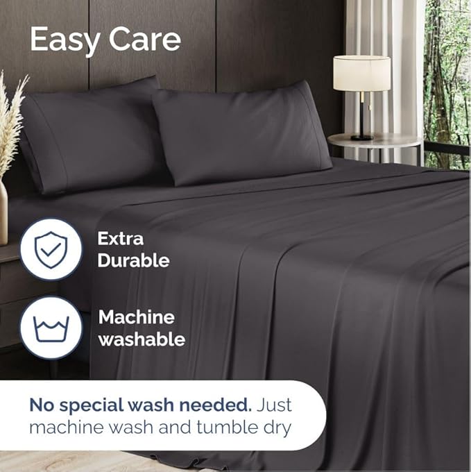 100% Rayon Derived From Bamboo - Bamboo Sheets Full Size - Cooling Sheets for Full - Soft, Breathable & Hotel Luxury Bedding - 1 Flat & 1 Fitted & 2 Pillowcases with 16 Inch Deep Pockets - Dark Grey