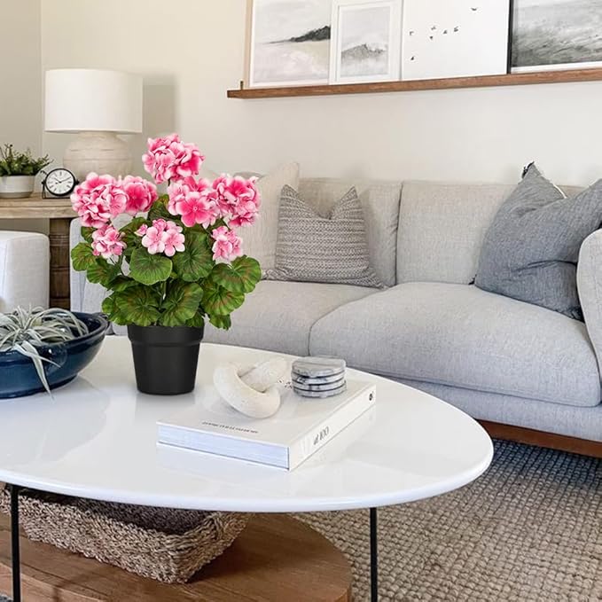 Briful Artificial Geranium Potted Plant – 16” Tall, Realistic Silk Flowers with Vibrant Green Leaves, Pink White Geraniums Fake Flowers for Outdoors Home Décor, Wedding Farmhouse Office Tables Decor