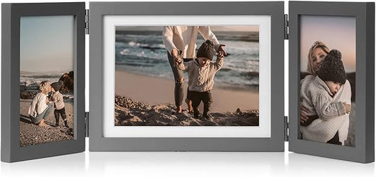 Tamolus 3 Vertical Horizontal Hinged Wood Picture Frame 4x6 and 5x7 Triple Folding Photo Frame Home Decor with Real Glass Front in Gray for Tabletop, Display 4x6 with Mat or 5x7 without Mat