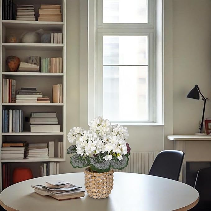 Briful Artificial White Geranium Flowers in Woven Basket, 11’’ Tall Silk Flower Arrangement, Realistic Geraniums Artificial Outdoor Plants for Home Indoor Farmhouse Table Wedding Centerpiece Decor