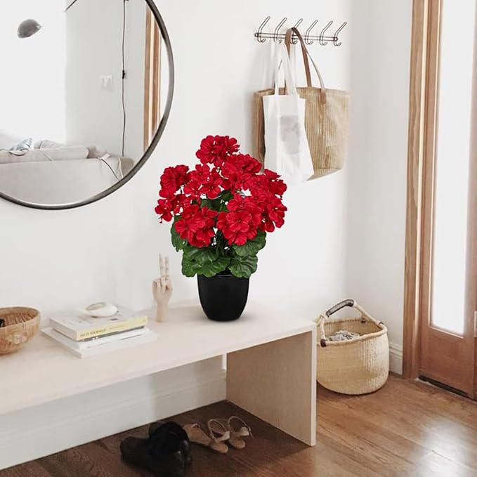 Briful 17” Geraniums Artificial Flowers Realistic Potted Plant – Red Fake Geraniums for Outdoors, Artificial Outdoor Plants for Indoor Home Decor, Farmhouse Table Centerpiece Decoration