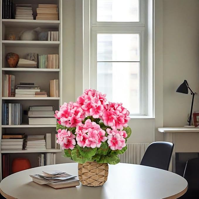 Briful Artificial Geraniums Flowers Potted Plant - 13.7'' Tall Faux Pink Silk Realistic Lush Geraniums Flowers in Basket, Indoor&Outdoor Decorative Plant, Farmhouse Home Porch Office Patio Table