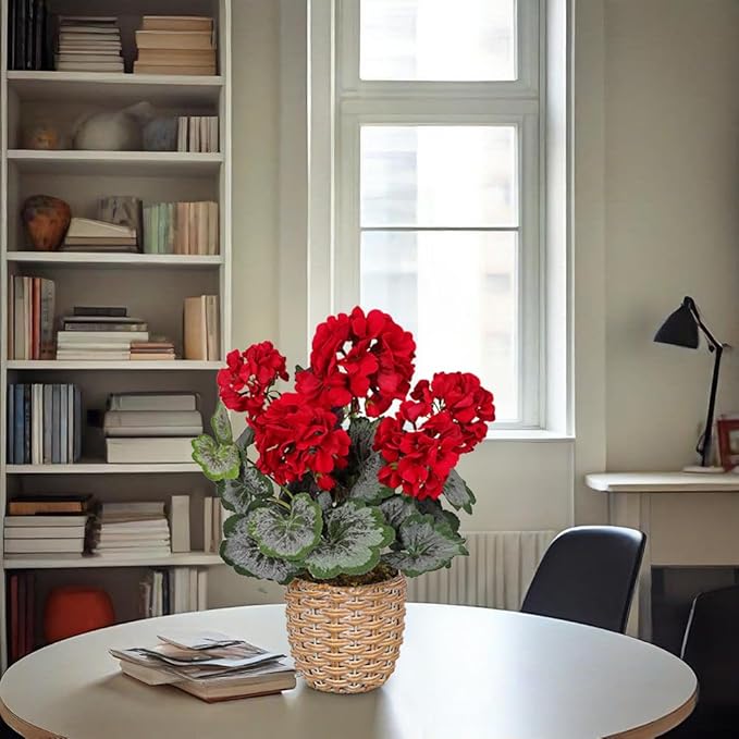 Briful Artificial Red Geranium Flowers in Woven Basket, 14.5’’ Tall Silk Flower Arrangement, Realistic Geraniums Artificial Outdoor Plants for Home Indoor Farmhouse Table Wedding Centerpiece Decor