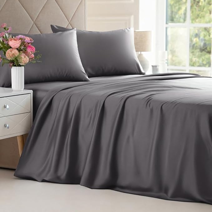 100% Rayon Derived From Bamboo - Bamboo Sheets Full Size - Cooling Sheets for Full - Soft, Breathable & Hotel Luxury Bedding - 1 Flat & 1 Fitted & 2 Pillowcases with 16 Inch Deep Pockets - Dark Grey