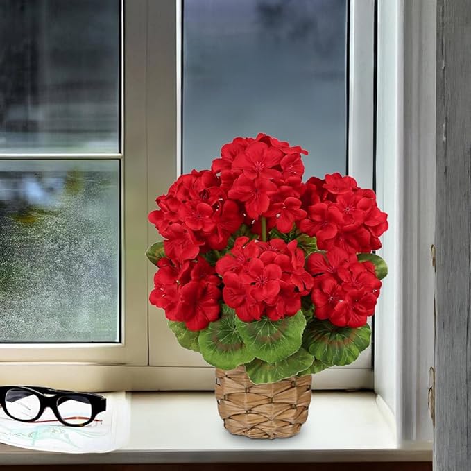 Briful Artificial Geraniums Flowers Potted Plant - 13.7'' Tall Faux Red Silk Realistic Lush Geraniums Flowers in Basket, Indoor&Outdoor Decorative Plant, Farmhouse Home Porch Office Patio Table