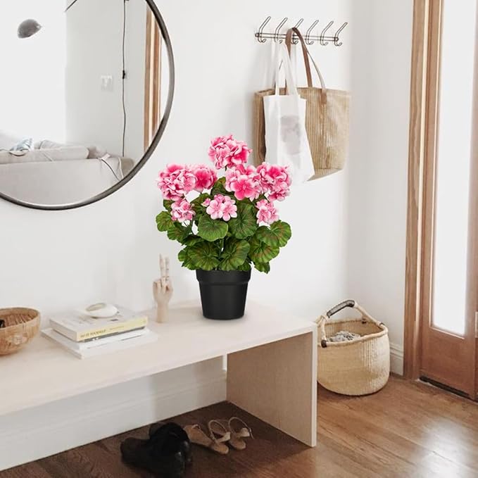 Briful Artificial Geranium Potted Plant – 16” Tall, Realistic Silk Flowers with Vibrant Green Leaves, Pink White Geraniums Fake Flowers for Outdoors Home Décor, Wedding Farmhouse Office Tables Decor