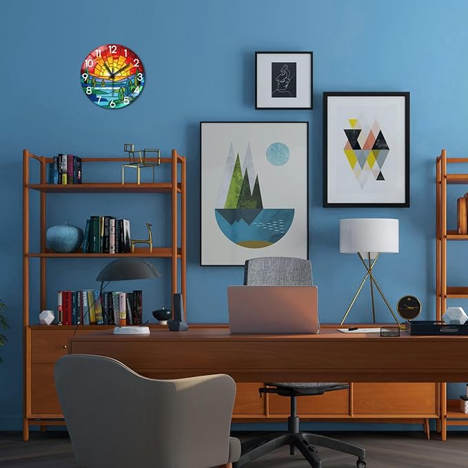 peacoblue Wall Clocks Battery Operated 12 Inch Bohemian Sunset Glass Round Wall Clock Non Ticking for Kitchen Living Room Dining Room Bedroom and Bathroom Decor Accessories (Battery not Included)