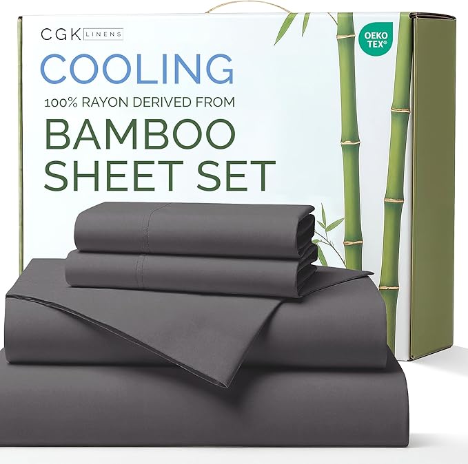 100% Rayon Derived From Bamboo - Bamboo Sheets Cal King Size - Cooling Sheets for Cal King - Ultra Soft Hotel Luxury Bedding - 1 Flat & 1 Fitted & 2 Pillowcases with 16 Inch Deep Pockets - Dark Grey