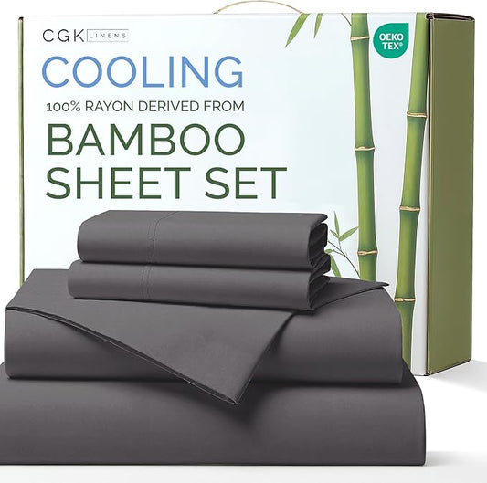 100% Rayon Derived From Bamboo - Bamboo Sheets Cal King Size - Cooling Sheets for Cal King - Ultra Soft Hotel Luxury Bedding - 1 Flat & 1 Fitted & 2 Pillowcases with 16 Inch Deep Pockets - Dark Grey