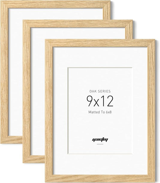 Yaetm 9x12 Oak Wood Picture Frame with Mat for 6x8 Set of 3, Natural Solid Wood 9x12 Frame with Tempered Glass for Wall Gallery & Home (3 Pack, Oak)