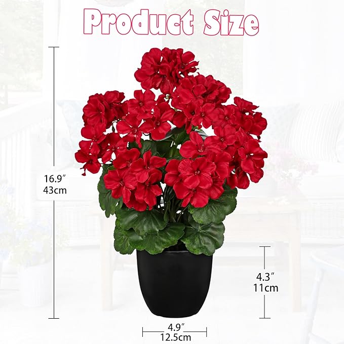Briful 17” Geraniums Artificial Flowers Realistic Potted Plant – Red Fake Geraniums for Outdoors, Artificial Outdoor Plants for Indoor Home Decor, Farmhouse Table Centerpiece Decoration