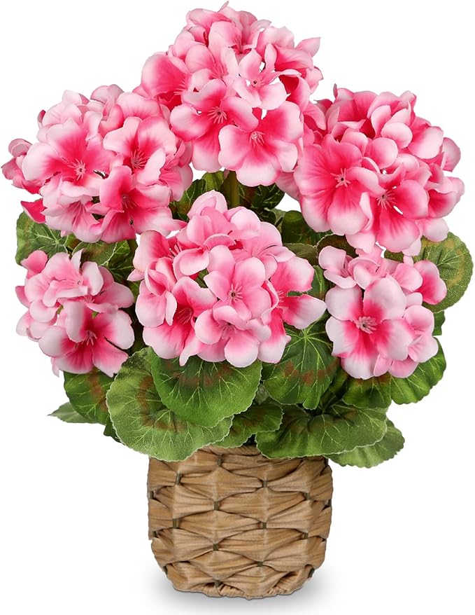 Briful Artificial Geraniums Flowers Potted Plant - 13.7'' Tall Faux Pink Silk Realistic Lush Geraniums Flowers in Basket, Indoor&Outdoor Decorative Plant, Farmhouse Home Porch Office Patio Table