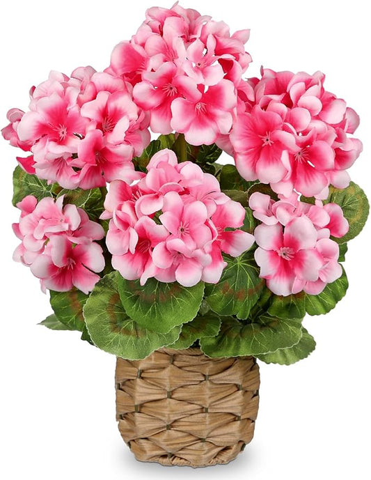 Briful Artificial Geraniums Flowers Potted Plant - 13.7'' Tall Faux Pink Silk Realistic Lush Geraniums Flowers in Basket, Indoor&Outdoor Decorative Plant, Farmhouse Home Porch Office Patio Table