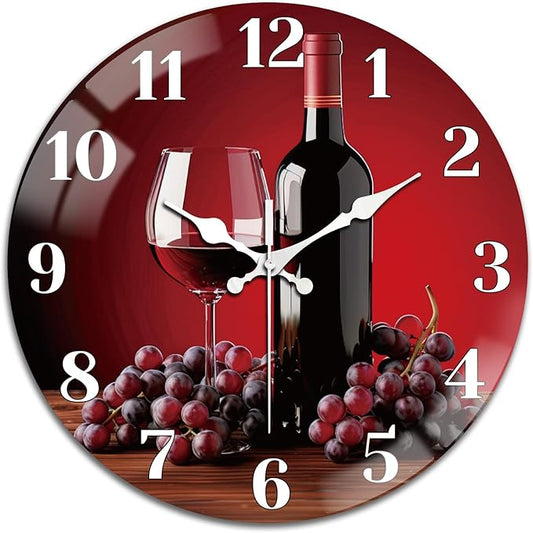 peacoblue Wall Clocks Battery Operated 12 Inch Wine Glass Glass Round Wall Clock Non Ticking for Kitchen Living Room Dining Room Bedroom and Bathroom Decor Accessories (Battery not Included)