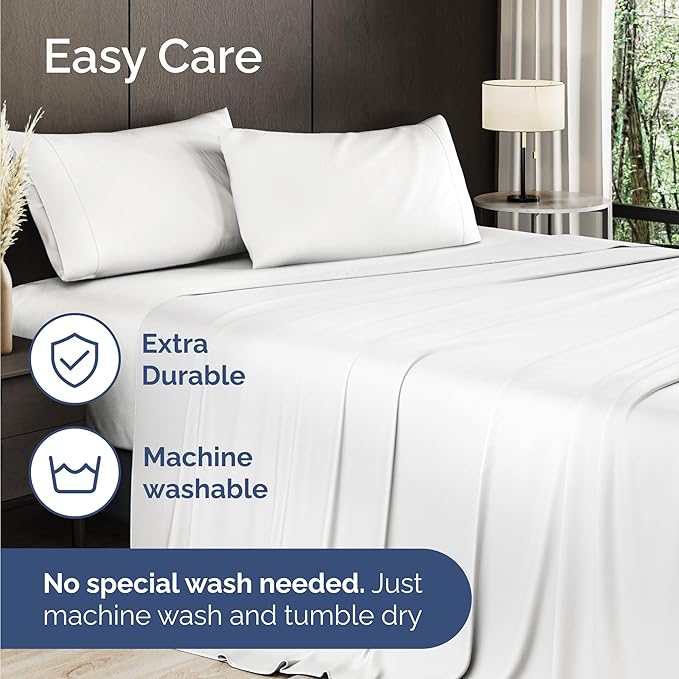 100% Rayon Derived From Bamboo - Bamboo Sheets Full Size - Cooling Sheets for Full - Ultra Soft, Breathable & Hotel Luxury Bedding - 1 Flat & 1 Fitted & 2 Pillowcases w/ 16 Inch Deep Pockets - White