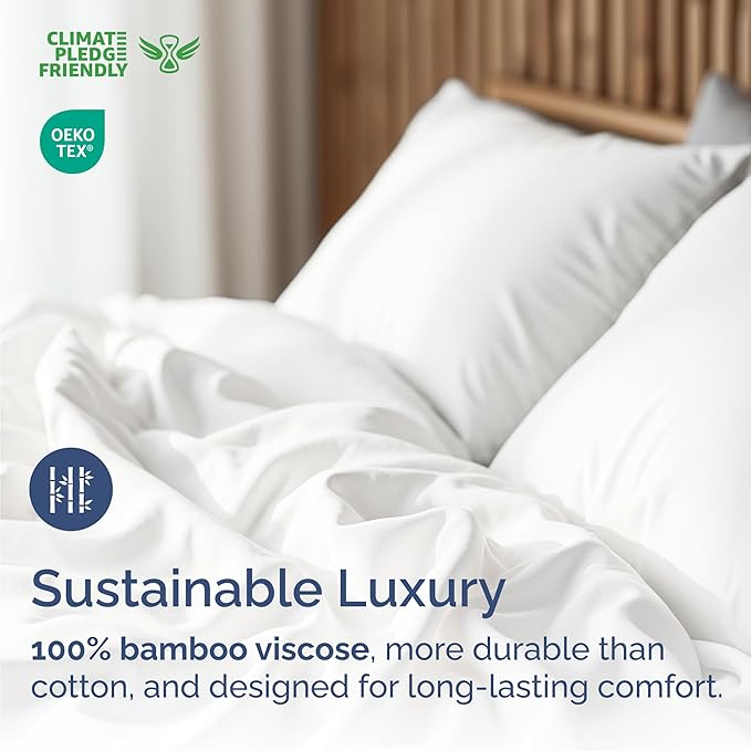 100% Rayon Derived From Bamboo - Bamboo Sheets Full Size - Cooling Sheets for Full - Ultra Soft, Breathable & Hotel Luxury Bedding - 1 Flat & 1 Fitted & 2 Pillowcases w/ 16 Inch Deep Pockets - White