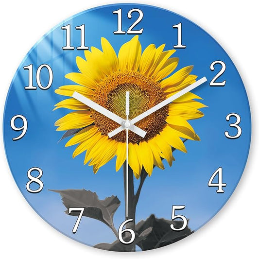 XFM Sunflower Wall Clock 12 Inch Silent Non Ticking Battery Operated Clocks Decorative Yellow Flower Clock for Kitchen Living Room Office