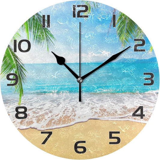 Qilmy Beautiful Palm Sea Beach Wall Clock Non Ticking Silent Art Decorative Round Clock for Living Room Kitchen Bedroom Office School