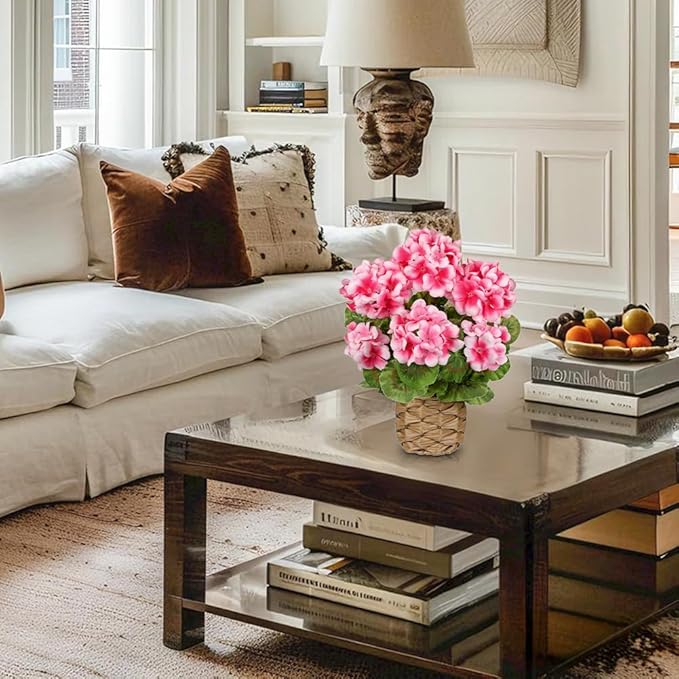 Briful Artificial Geraniums Flowers Potted Plant - 13.7'' Tall Faux Pink Silk Realistic Lush Geraniums Flowers in Basket, Indoor&Outdoor Decorative Plant, Farmhouse Home Porch Office Patio Table