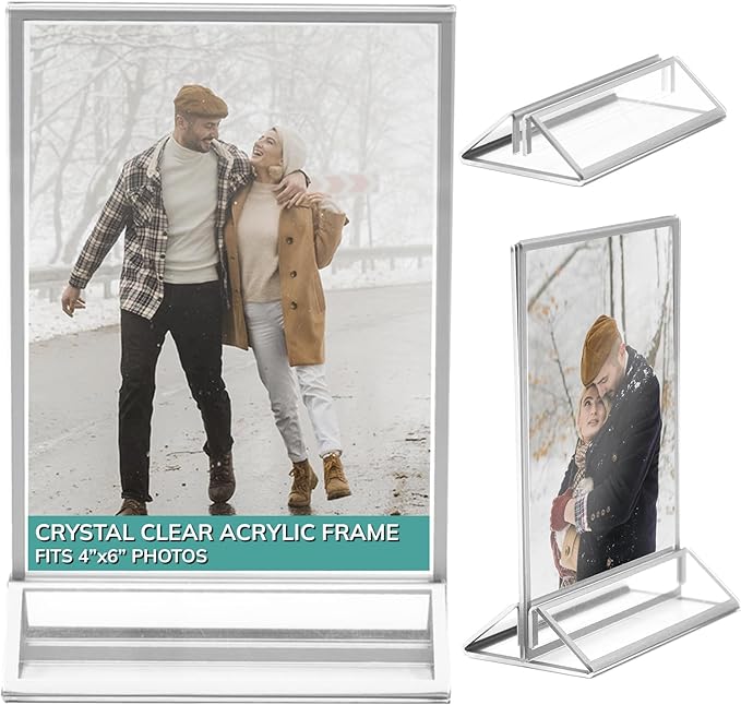 pbf 4x6 Acrylic Picture Frame Display Stand | 4 x 6 Vertical Clear Acrylic Sign Holder | Silver Photo Frame for Table Sign, Tabletop Wedding Sign, Menu, QR Code (6-Pack)