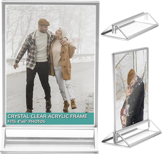 pbf 4x6 Acrylic Picture Frame Display Stand | 4 x 6 Vertical Clear Acrylic Sign Holder | Silver Photo Frame for Table Sign, Tabletop Wedding Sign, Menu, QR Code (6-Pack)