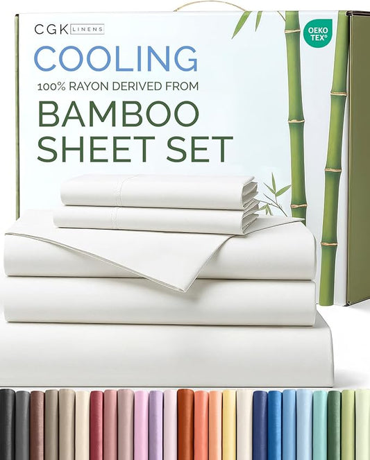 100% Rayon Derived From Bamboo - Sheets Split King Size - Cooling Sheets for Split King - Ultra Soft Hotel Luxury Bedding - 1 Flat & 2 Fitted & 2 Pillowcases with 16 Inch Deep Pockets - White