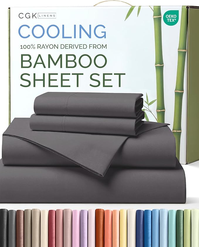 100% Rayon Derived From Bamboo - Bamboo Sheets Full Size - Cooling Sheets for Full - Soft, Breathable & Hotel Luxury Bedding - 1 Flat & 1 Fitted & 2 Pillowcases with 16 Inch Deep Pockets - Dark Grey