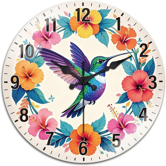 peacoblue Wall Clocks Battery Operated 12 Inch Hummingbird and Flowers Glass Round Wall Clock Non Ticking for Kitchen Living Room Dining Room Bedroom and Bathroom Decor (Battery not Included)