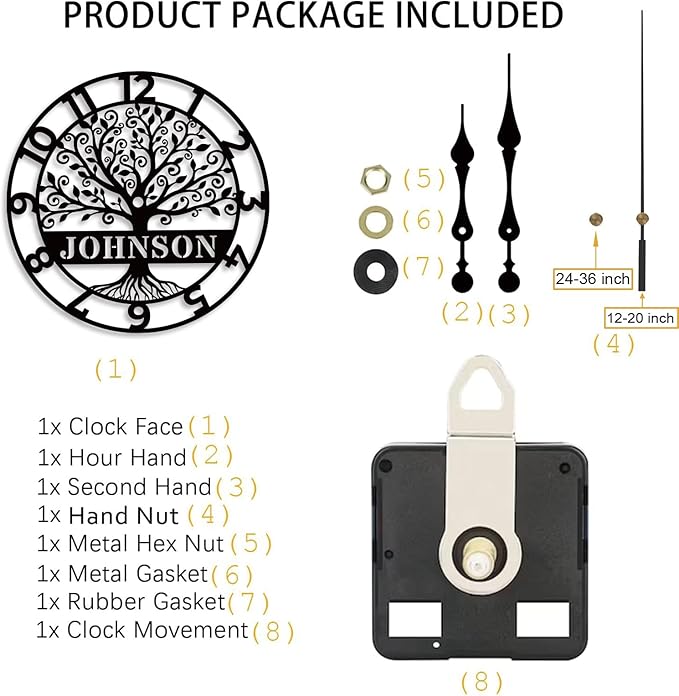 HZYCYYFC Personalized Metal Wall Clock with Tree of Life Design, Custom Family Name Clock, Decorative Steel Wall Art, Housewarming Gift, Living Room Bedroom Kitchen Home Decor