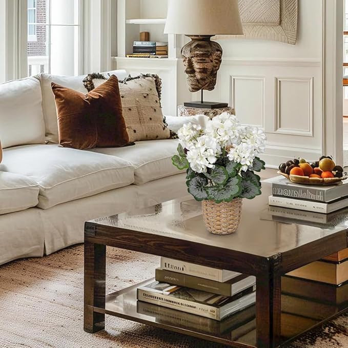 Briful Artificial White Geranium Flowers in Woven Basket, 14.5’’ Tall Silk Flower Arrangement, Realistic Geraniums Artificial Outdoor Plants for Home Indoor Farmhouse Table Wedding Centerpiece Decor