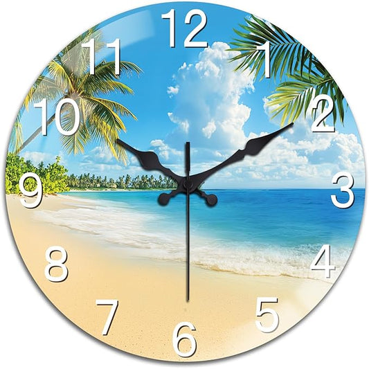 peacoblue Wall Clocks Battery Operated 12 Inch Ocean Glass Round Wall Clock Non Ticking for Kitchen Living Room Dining Room Bedroom and Bathroom Decor Accessories (Battery not Included)