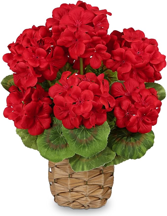 Briful Artificial Geraniums Flowers Potted Plant - 13.7'' Tall Faux Red Silk Realistic Lush Geraniums Flowers in Basket, Indoor&Outdoor Decorative Plant, Farmhouse Home Porch Office Patio Table