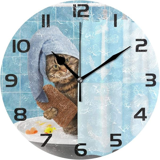Qilmy Bathing Cat Wall Clock Silent Non Ticking Oil Painting Round Clock for Living Room Bedroom Bathroom Home Decor