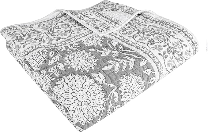 Levtex Home Adare Grey Quilted Throw - (50x60in.) - Floral - Grey White - Reversible - Cotton