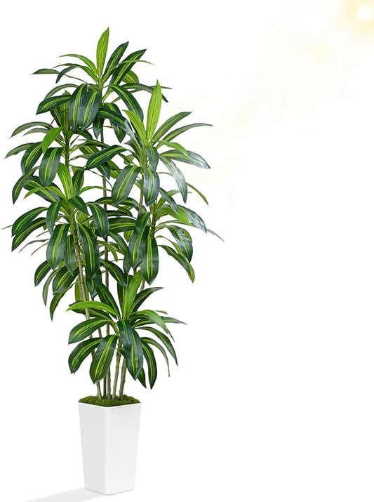 ZEEOZE Dracaena Plant Artificial Tree 7Ft Tall Fake Tropical Floor Plants Potted (Real Touch) Artificial Silk Tree Leaf Faux Trees White Tall Planter for Home Office Living Room Indoor Outdoor Decor