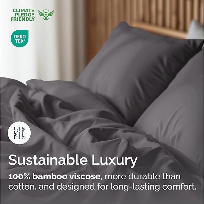 100% Rayon Derived From Bamboo - Bamboo Sheets Cal King Size - Cooling Sheets for Cal King - Ultra Soft Hotel Luxury Bedding - 1 Flat & 1 Fitted & 2 Pillowcases with 16 Inch Deep Pockets - Dark Grey